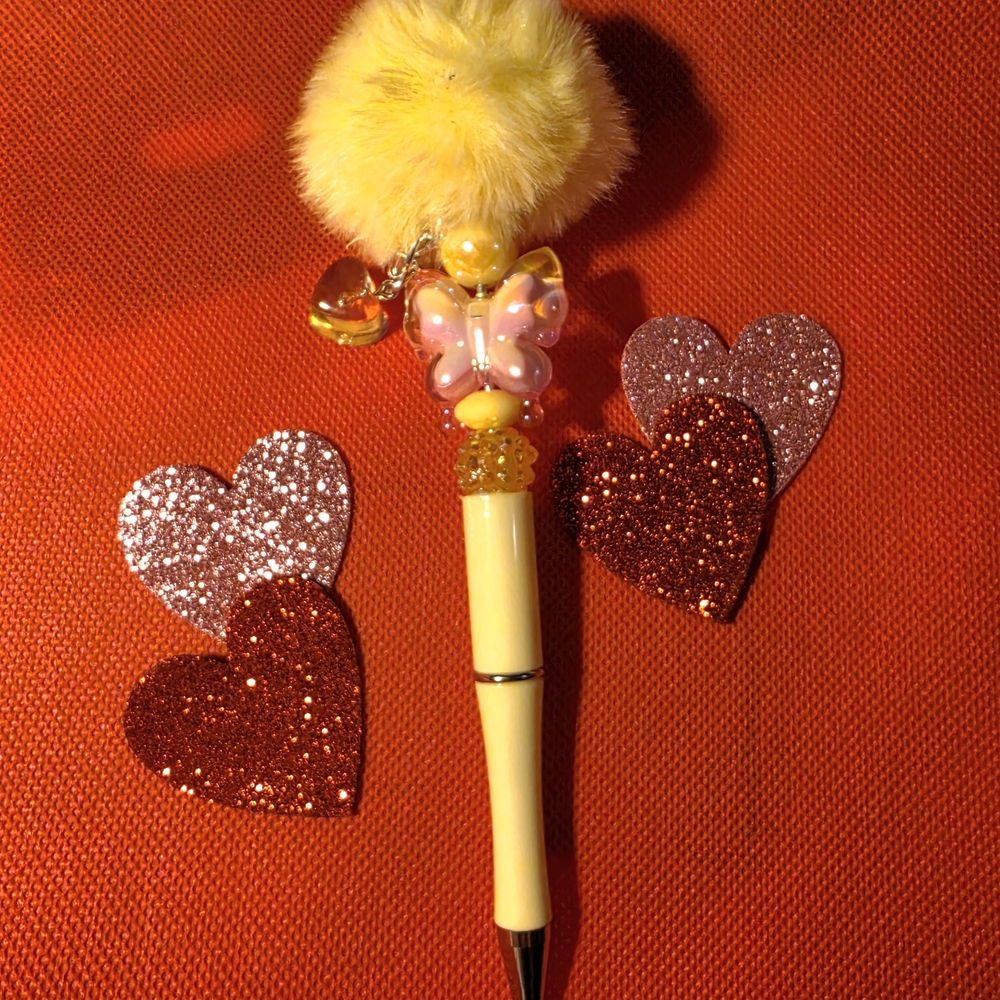 Yellow Fluffy Pom Pom Pen with Butterfly Charm And Dangling Heart Charm
